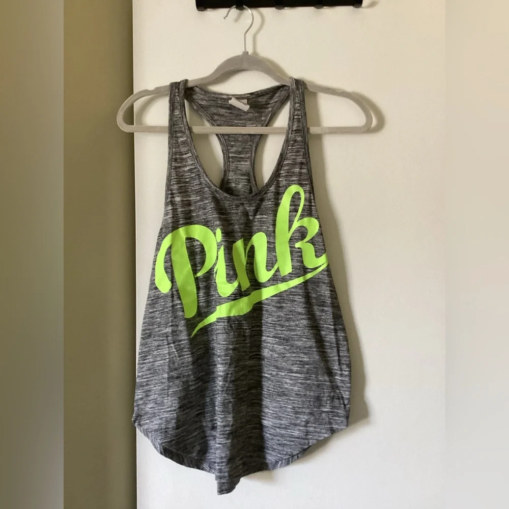 PINK tank top, gray with green letters, size MEDIUM. - Picture 2 of 3